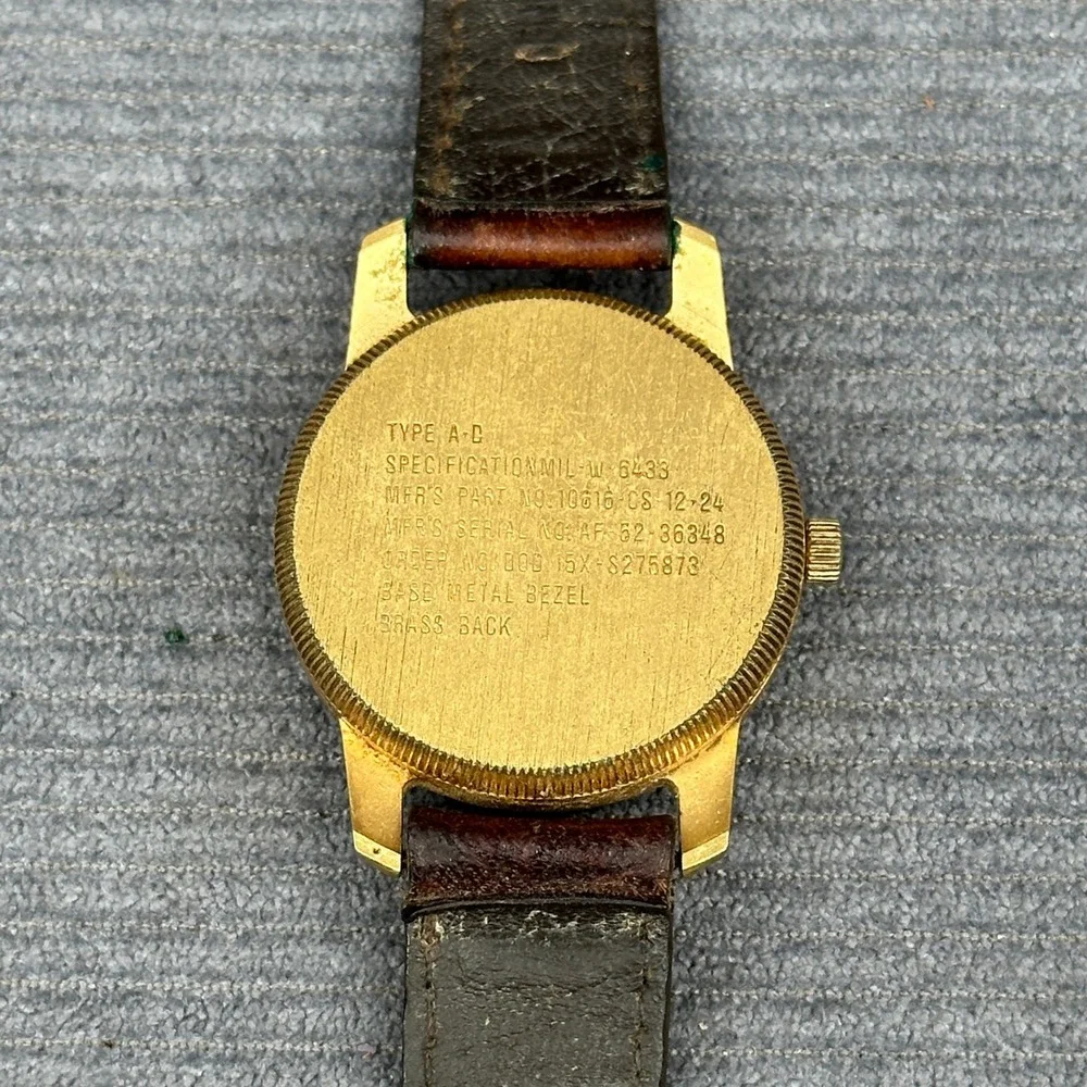 Vintage Military Field Watch Gold Tone Black Dial Japan Movt Brown Leather Strap